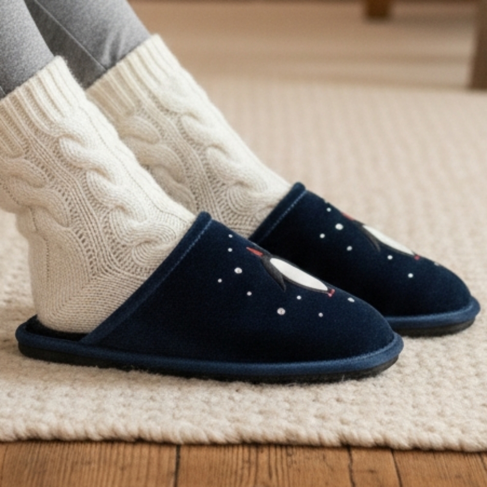 NWT Kate Spade Holiday Festive Christmas Winter Blue Velour & Penguins Slippers